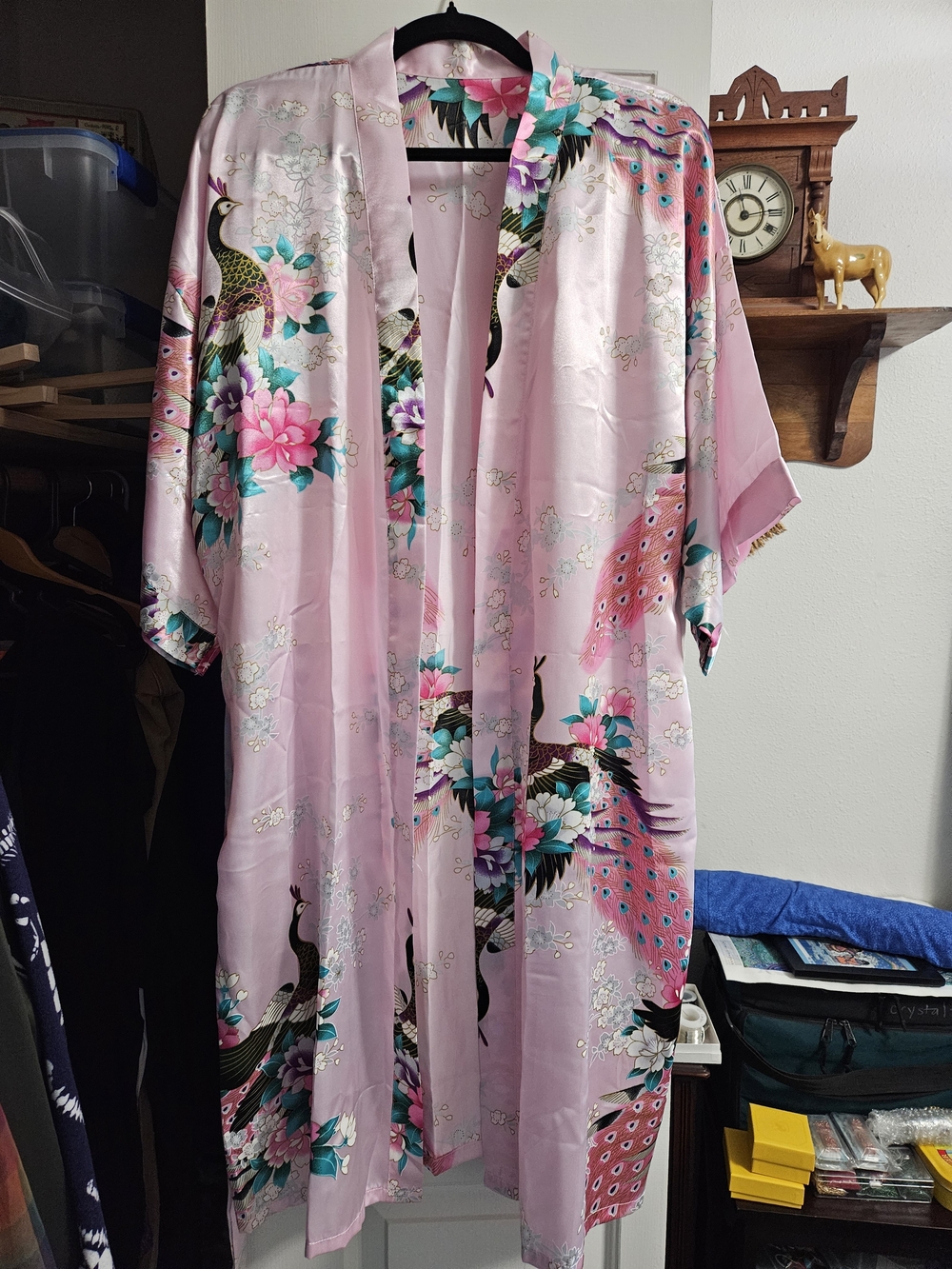 Pink Floral Peacock Satin Kimono Robe - Women Intimates & Sleepwear